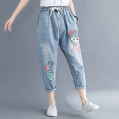 Vintage Cartoon Embroidered Boyfriend Jeans Buddha Trends