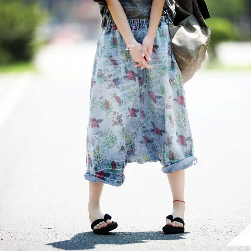 3/4 Length Floral Denim Harem Pants dylinoshop