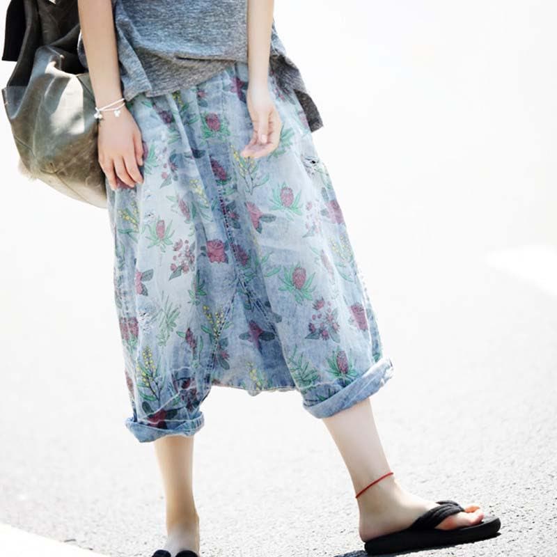 3/4 Length Floral Denim Harem Pants dylinoshop