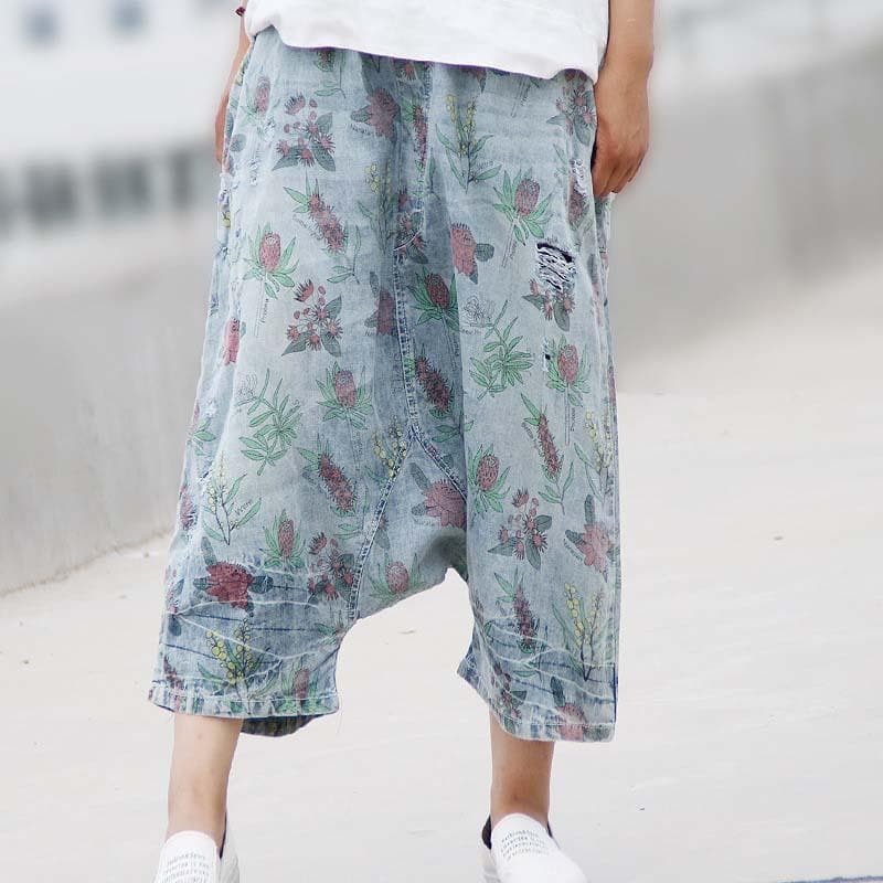 3/4 Length Floral Denim Harem Pants dylinoshop