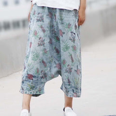 3/4 Length Floral Denim Harem Pants dylinoshop