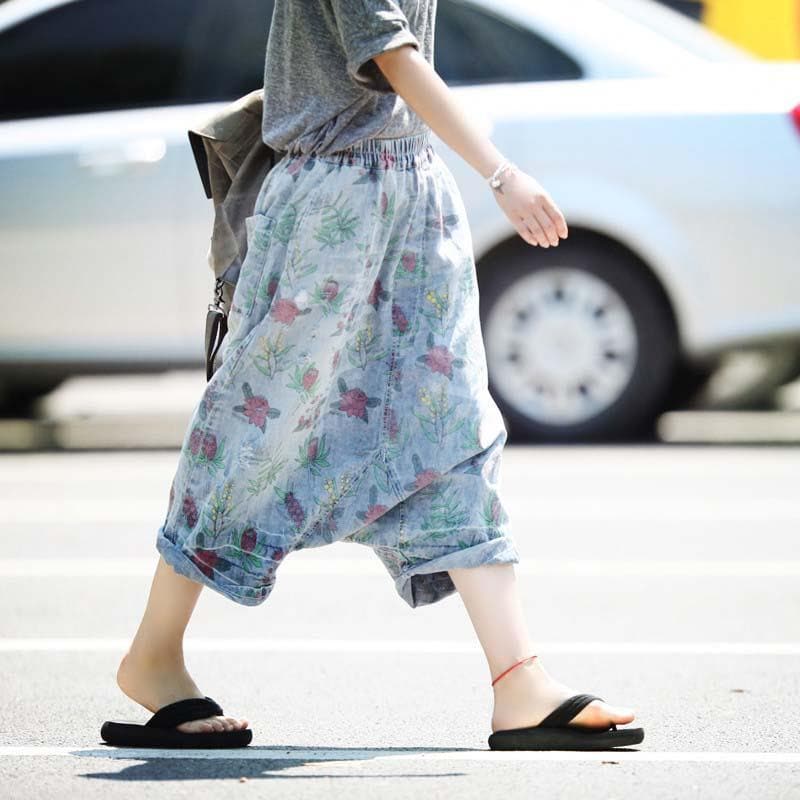 3/4 Length Floral Denim Harem Pants dylinoshop