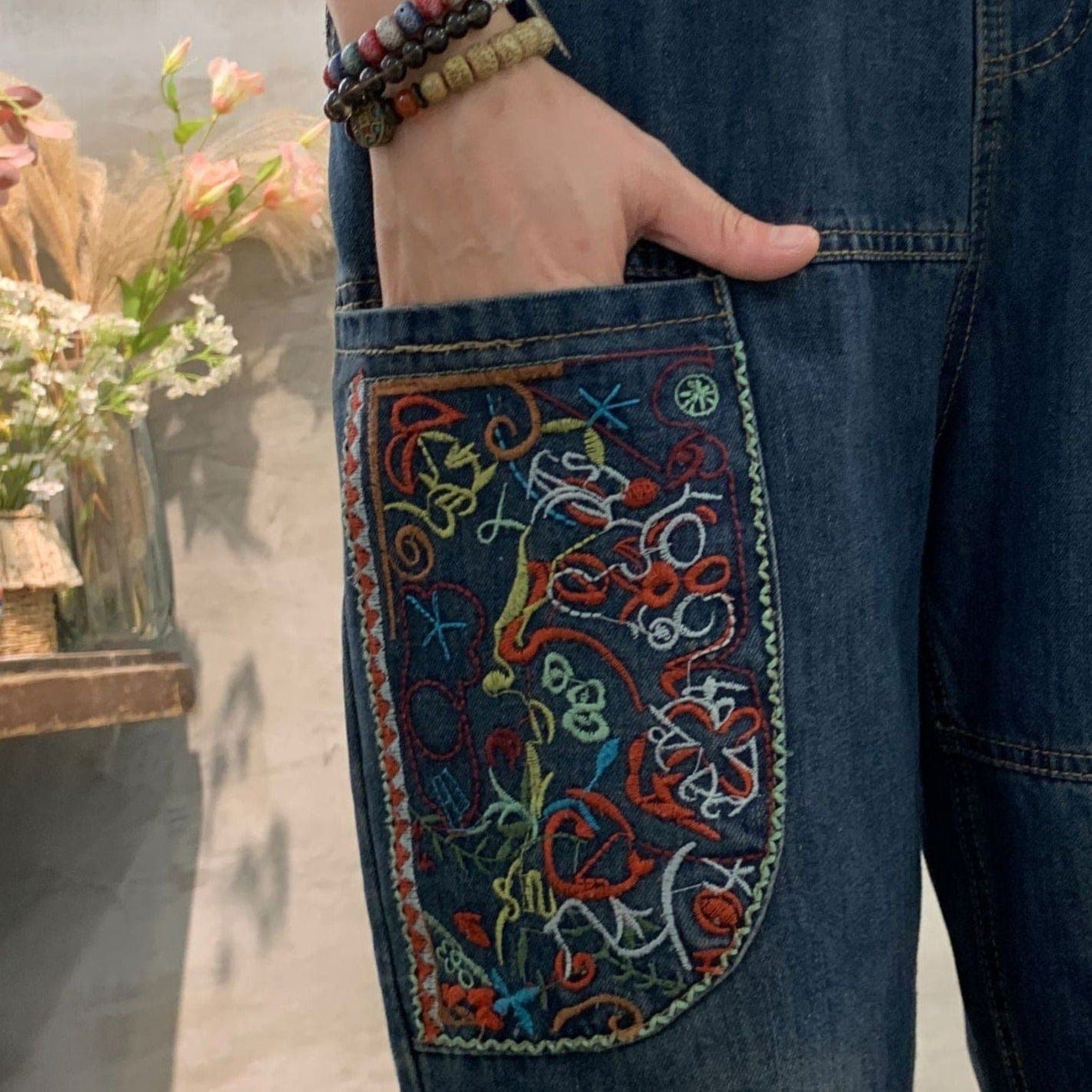 Patchwork Embroidered Loose Hipster Jeans Buddha Trends