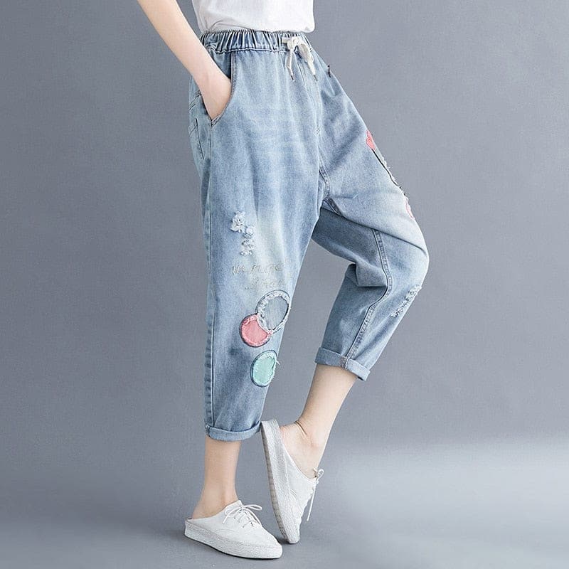 Vintage Cartoon Embroidered Boyfriend Jeans Buddha Trends