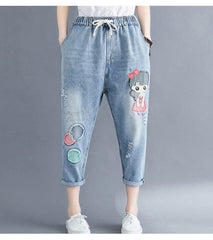 Vintage Cartoon Embroidered Boyfriend Jeans Buddha Trends