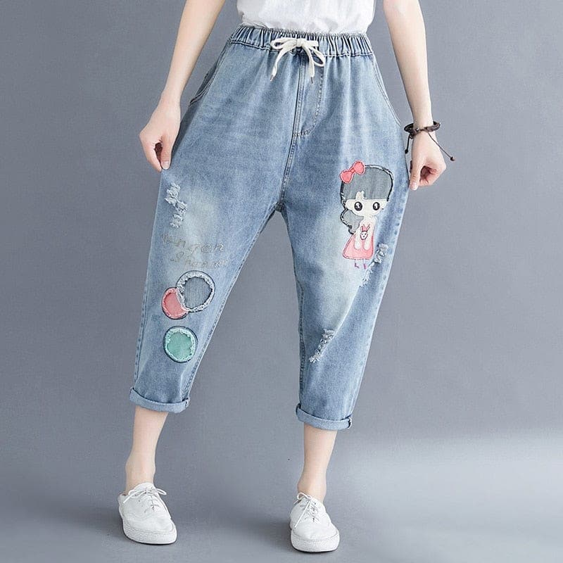 Vintage Cartoon Embroidered Boyfriend Jeans Buddha Trends