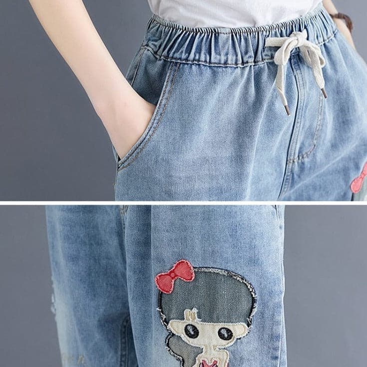 Vintage Cartoon Embroidered Boyfriend Jeans Buddha Trends