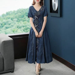 Nature Embroidered Short Sleeve Denim Dress Buddhatrends
