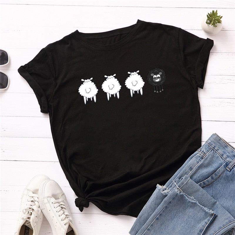 Black Sheep Cartoon O-Neck T-Shirt Buddhatrends