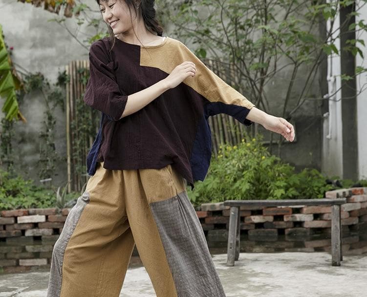 Loose Patchwork Cotton Linen Pants | Lotus Buddhatrends