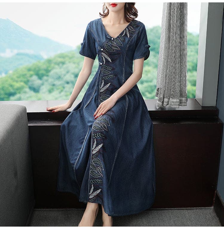 Nature Embroidered Short Sleeve Denim Dress Buddhatrends