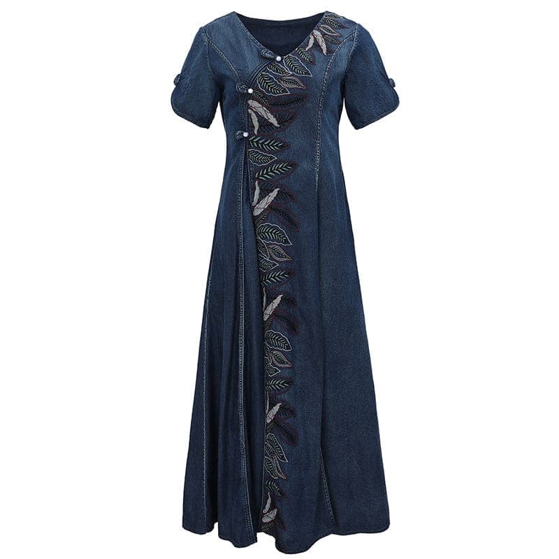 Nature Embroidered Short Sleeve Denim Dress Buddhatrends