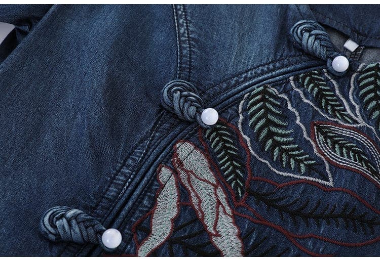 Nature Embroidered Short Sleeve Denim Dress Buddhatrends