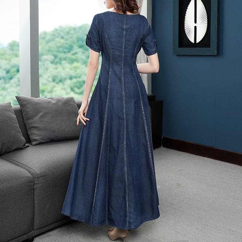 Nature Embroidered Short Sleeve Denim Dress Buddhatrends
