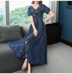 Nature Embroidered Short Sleeve Denim Dress Buddhatrends