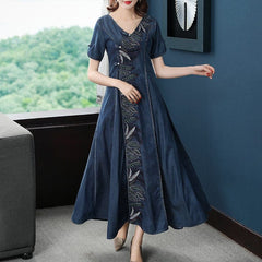 Nature Embroidered Short Sleeve Denim Dress Buddhatrends