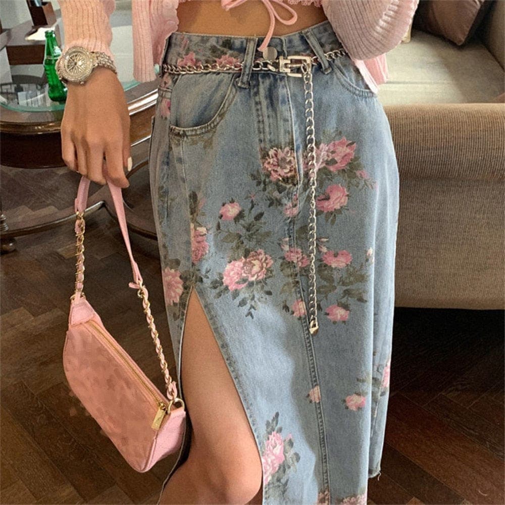Alyssa Floral Split Denim Skirt Buddhatrends