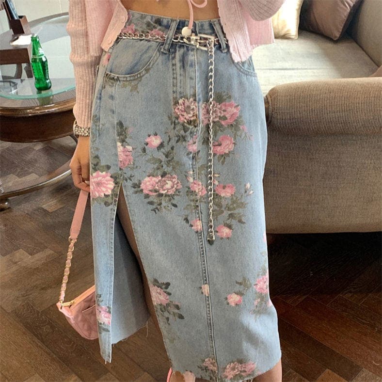 Alyssa Floral Split Denim Skirt Buddhatrends