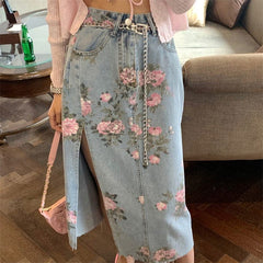 Alyssa Floral Split Denim Skirt Buddhatrends