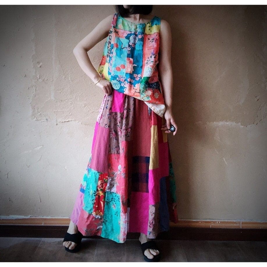 Harmony Patchwork Print Linen Tank Top Buddhatrends