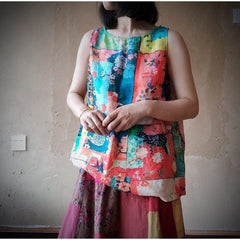Harmony Patchwork Print Linen Tank Top Buddhatrends