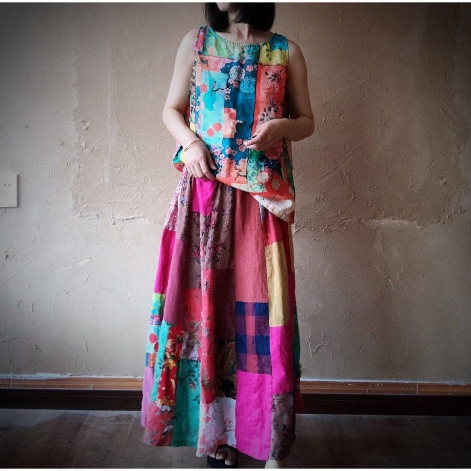 Harmony Patchwork Print Linen Tank Top Buddhatrends