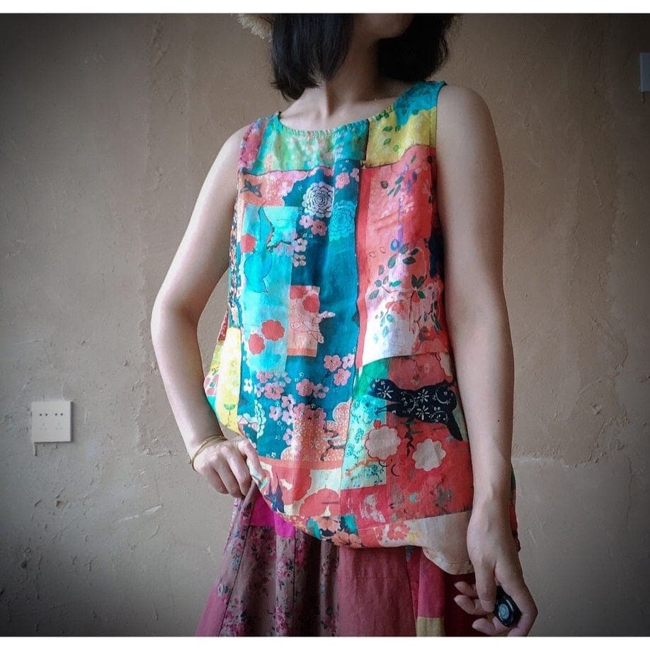Harmony Patchwork Print Linen Tank Top Buddhatrends
