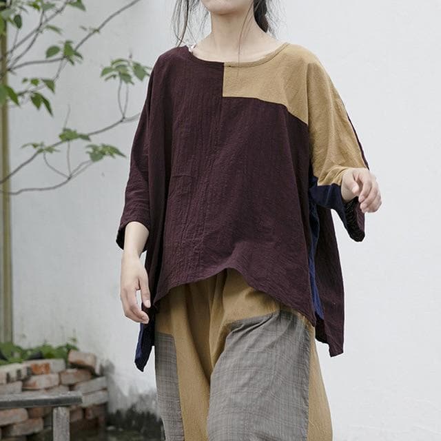 Loose Patchwork Cotton Linen T-Shirt | Lotus Buddhatrends