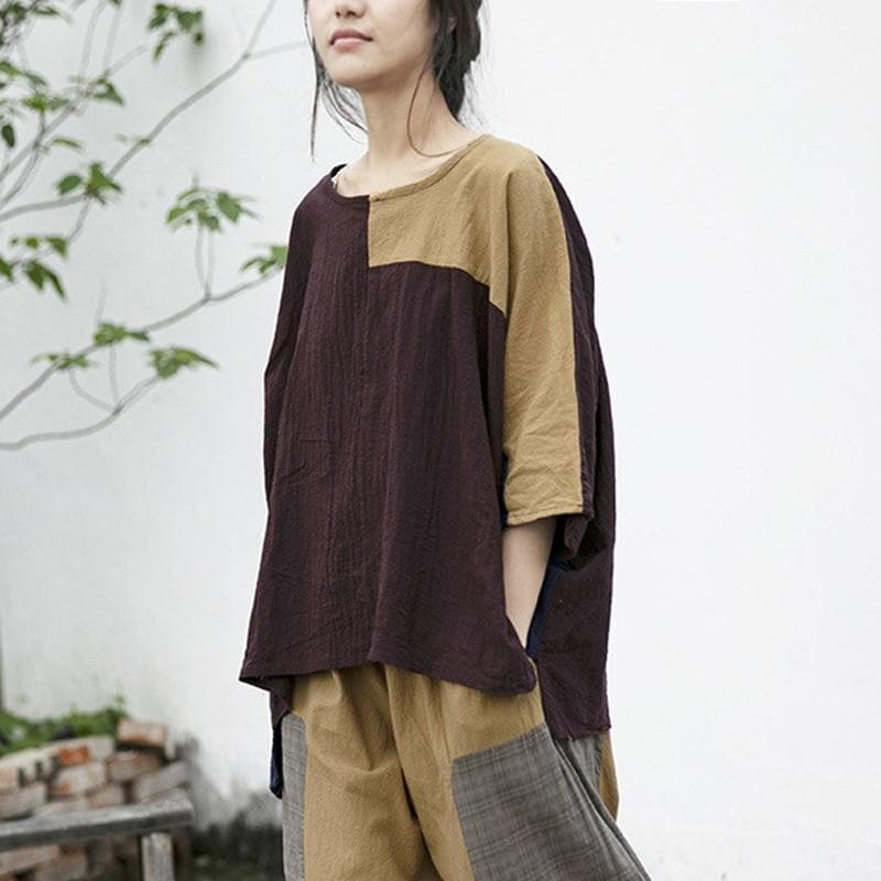 Loose Patchwork Cotton Linen T-Shirt | Lotus Buddhatrends