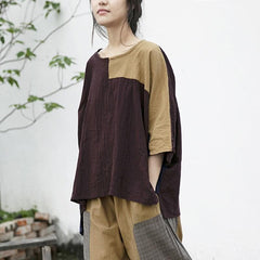 Loose Patchwork Cotton Linen T-Shirt | Lotus Buddhatrends