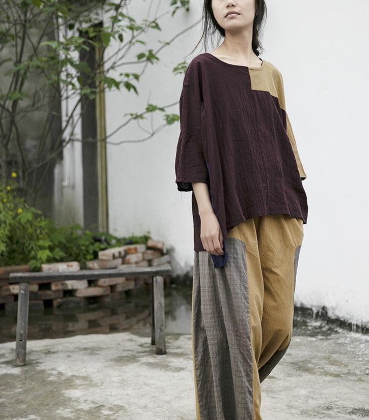 Loose Patchwork Cotton Linen T-Shirt | Lotus Buddhatrends