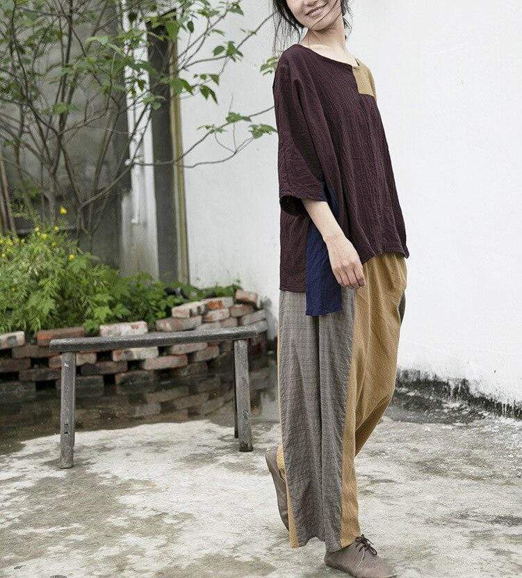 Loose Patchwork Cotton Linen T-Shirt | Lotus Buddhatrends