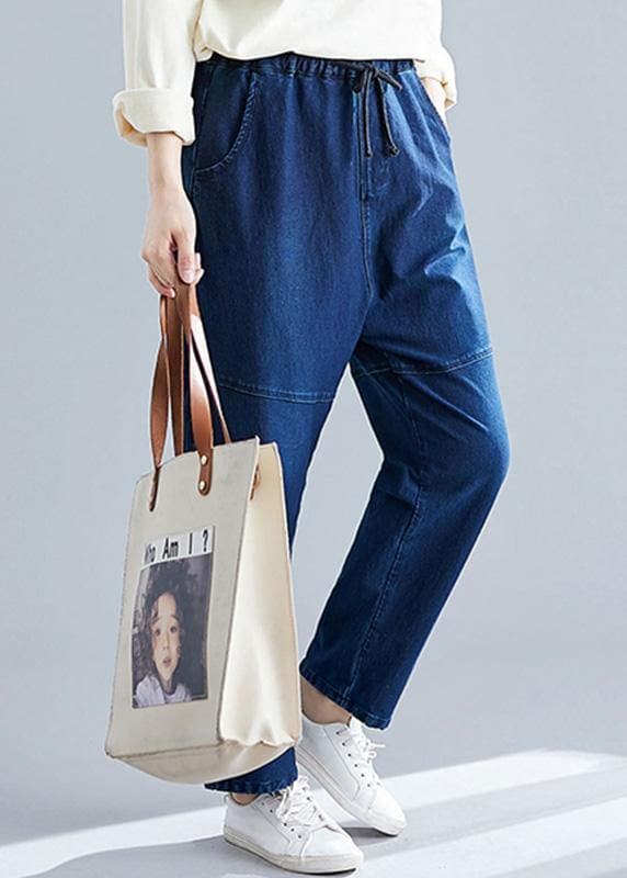 denim blue vintage women pants elastic waist patchwork trousers LPTS190830