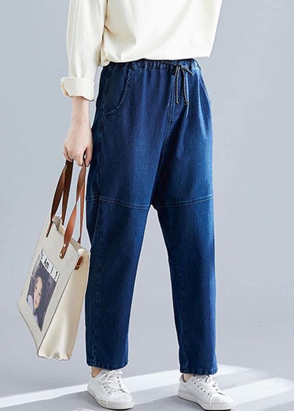 denim blue vintage women pants elastic waist patchwork trousers LPTS190830