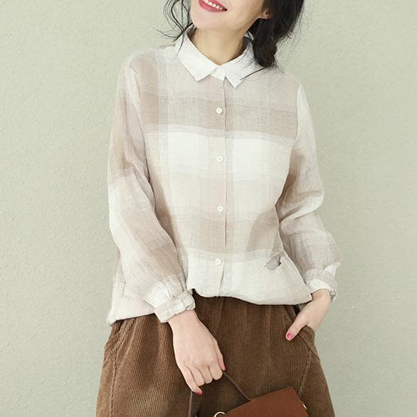 diy khaki Plaid linen clothes stylish Sewing lapel baggy tops LTP190129