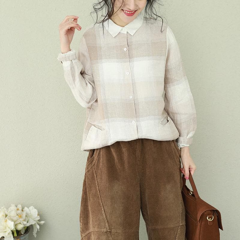 diy khaki Plaid linen clothes stylish Sewing lapel baggy tops LTP190129