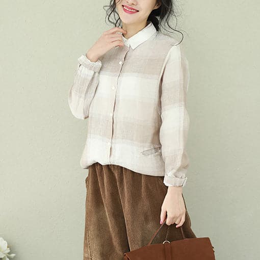 diy khaki Plaid linen clothes stylish Sewing lapel baggy tops LTP190129