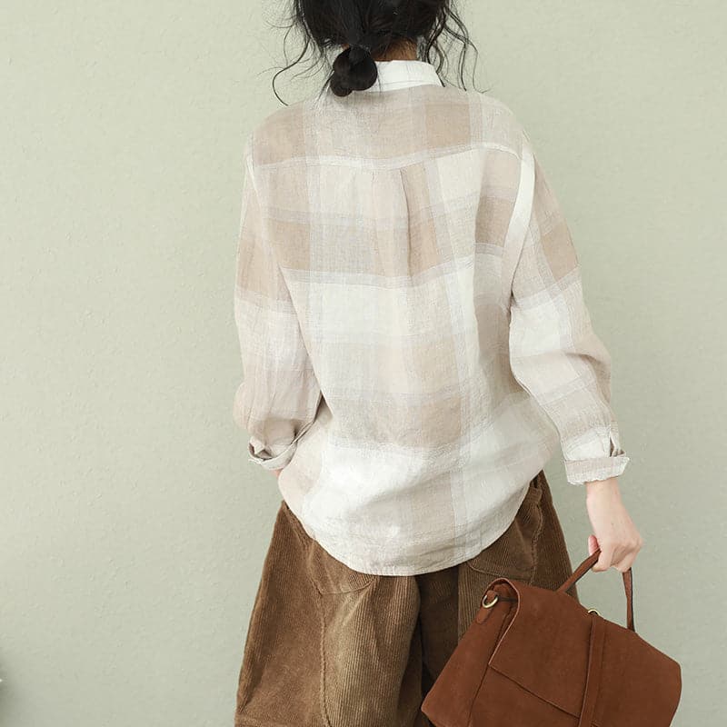 diy khaki Plaid linen clothes stylish Sewing lapel baggy tops LTP190129