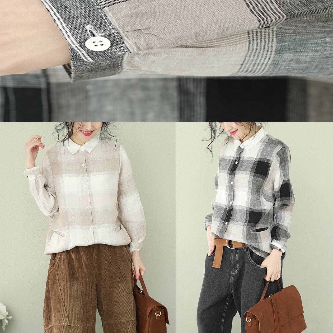 diy khaki Plaid linen clothes stylish Sewing lapel baggy tops LTP190129