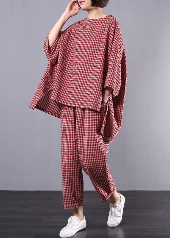 Casual Plus Size Cotton Linen red Plaid Vintage Blouse And Pants Two Pieces Set(Limited Stock) HTP190513