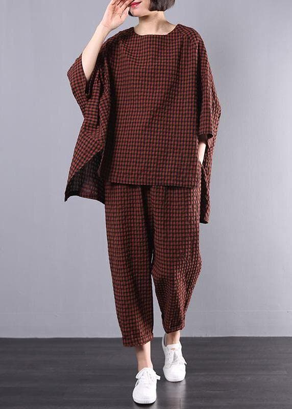 Casual Plus Size Cotton Linen red Plaid Vintage Blouse And Pants Two Pieces Set(Limited Stock) HTP190513