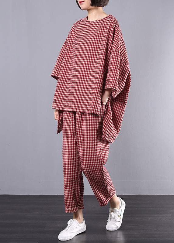 Casual Plus Size Cotton Linen red Plaid Vintage Blouse And Pants Two Pieces Set(Limited Stock) HTP190513
