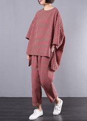 Casual Plus Size Cotton Linen red Plaid Vintage Blouse And Pants Two Pieces Set(Limited Stock) HTP190513