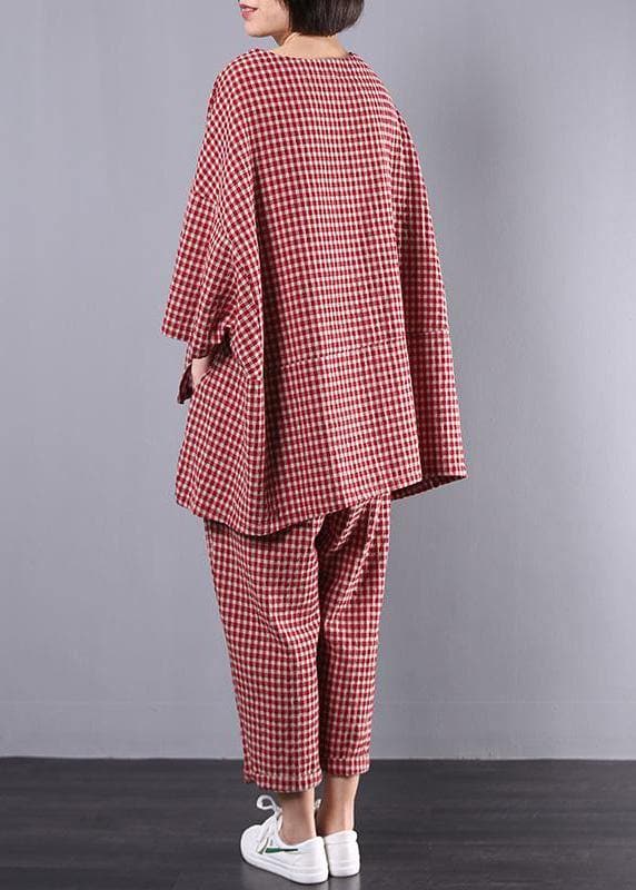 Casual Plus Size Cotton Linen red Plaid Vintage Blouse And Pants Two Pieces Set(Limited Stock) HTP190513