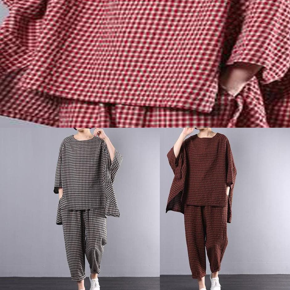 Casual Plus Size Cotton Linen red Plaid Vintage Blouse And Pants Two Pieces Set(Limited Stock) HTP190513
