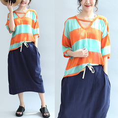 fall 2021 blue orange patchwork cotton blouse plus size v neck t shirt LTP171028