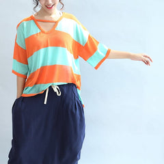 fall 2021 blue orange patchwork cotton blouse plus size v neck t shirt LTP171028
