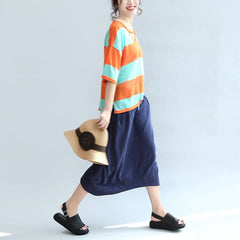 fall 2021 blue orange patchwork cotton blouse plus size v neck t shirt LTP171028