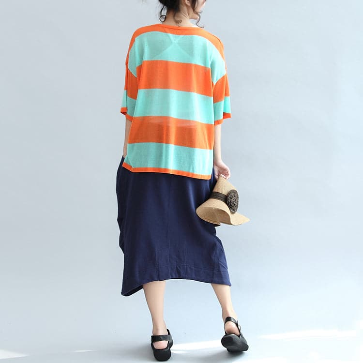 fall 2021 blue orange patchwork cotton blouse plus size v neck t shirt LTP171028