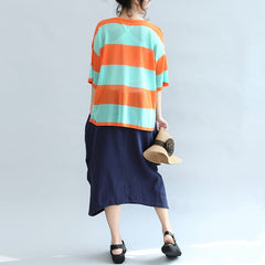 fall 2021 blue orange patchwork cotton blouse plus size v neck t shirt LTP171028